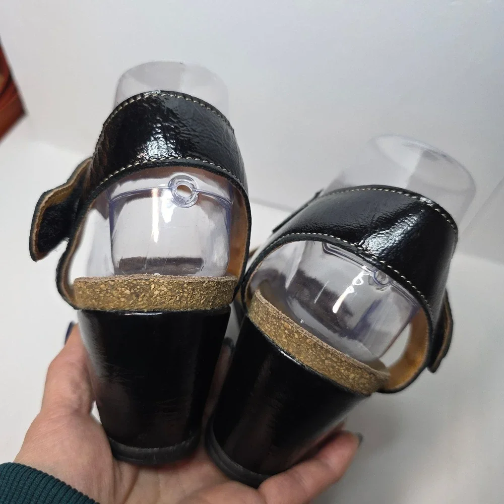Taos Women's Wedge Sandals Patten Black Tan Leather Ankle‎ Strap Size 41 Comfy
